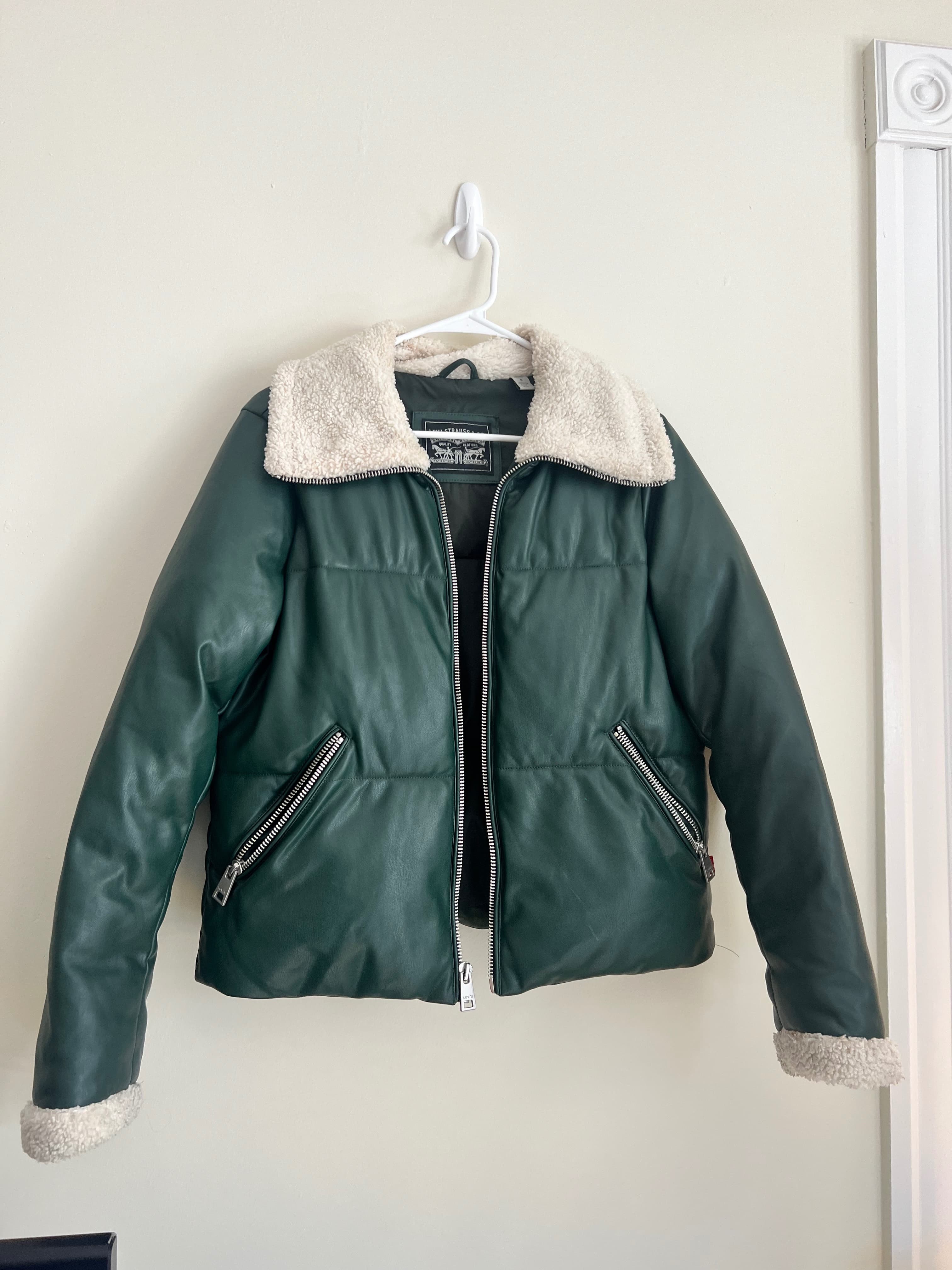 Green Leather Puffer Jacket with Sherpa Collar photo 1