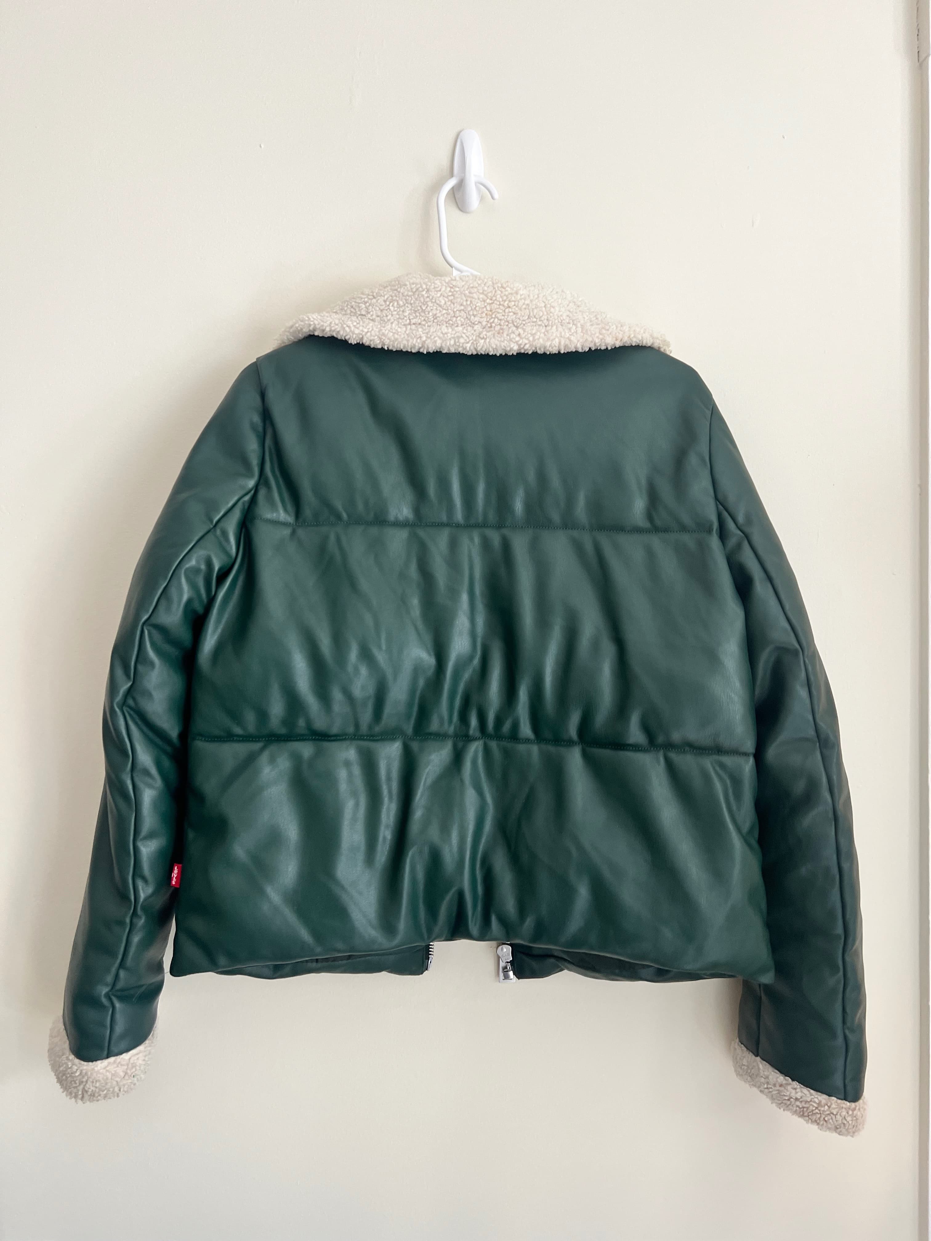 Green Leather Puffer Jacket with Sherpa Collar photo 2